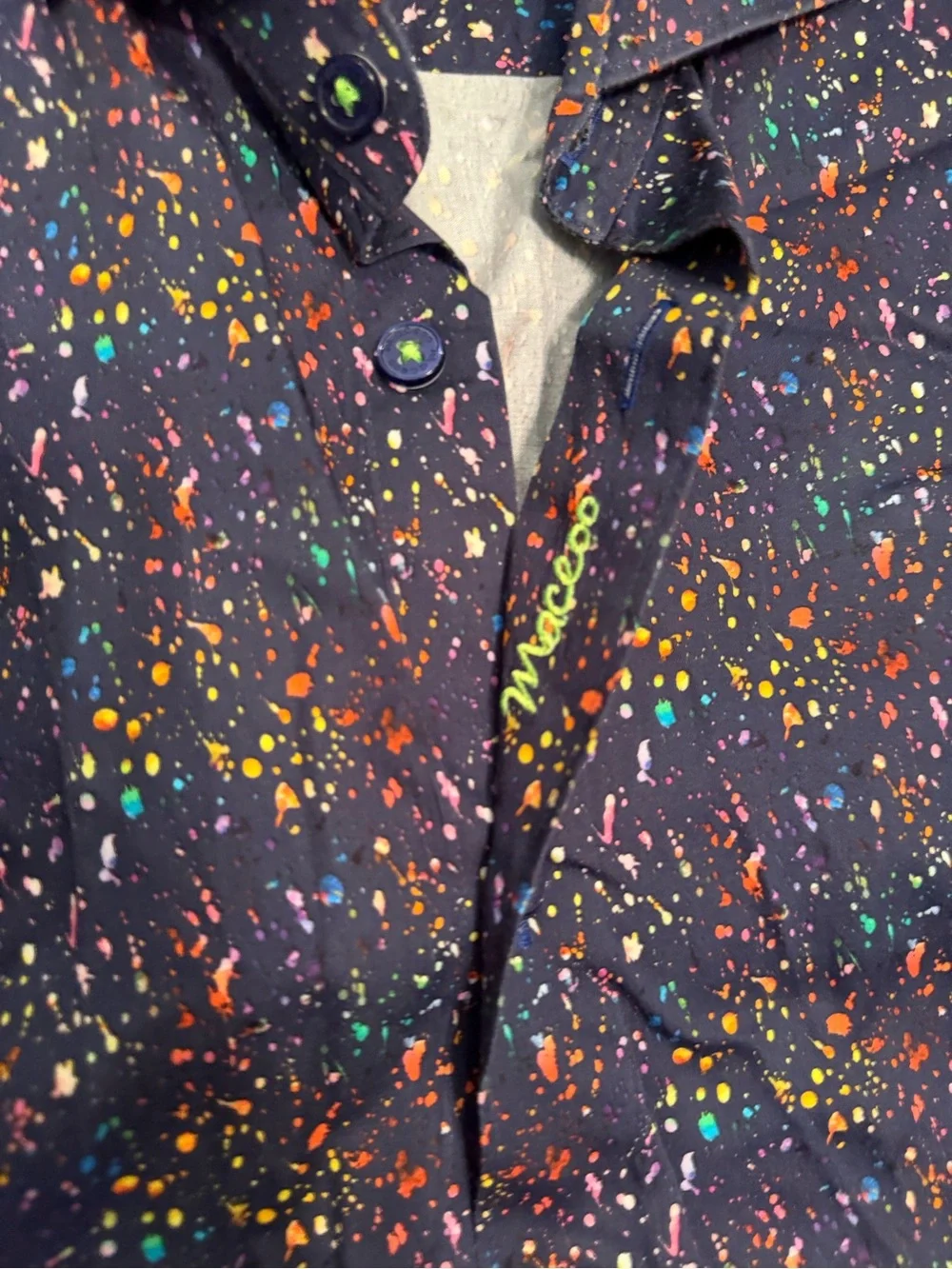 MACEOO men’s Navy Splatter-Print Button-Up Shirt, size 3/M!